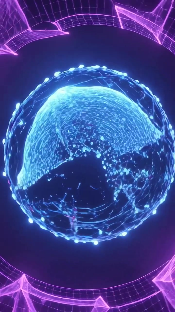 Video verticale: Sfera in loop con flusso ciclico, nodi di settore rotanti e anello viola pulsante che mostra la potenza