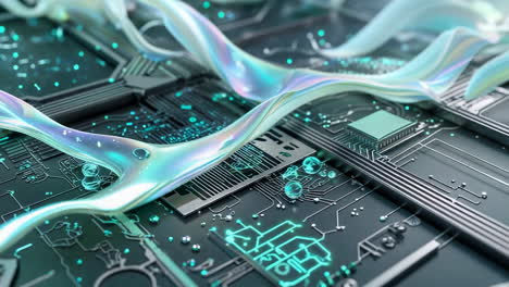 abstract futuristic circuitry with iridescent fluids