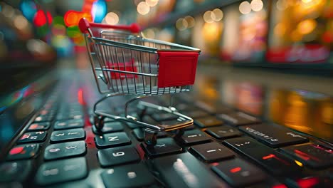 miniature shopping cart on laptop keyboard representing online shopping
