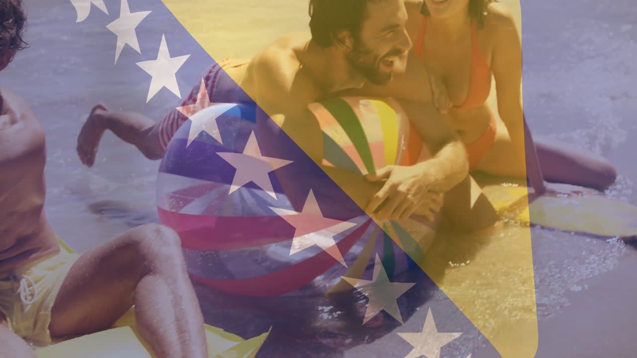 Playing with colorful ball, people at beach under stars and stripes animation