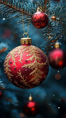 festive red ornament hanging on a pine tree during holiday season