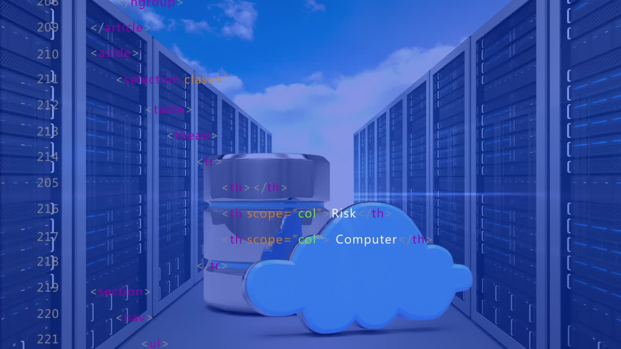 Animation of data processing against cloud icon and computer servers in the sky