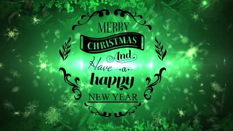 Merry-christmas-and-happy-new-year-text-banner-against-snowflakes-and-green-spots-of-light