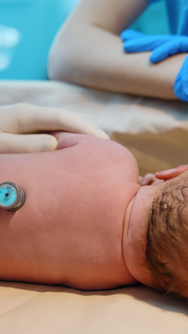 Caucasian newborn is put on its side. Pediatrician listens to baby's heart and lungs after birth. Close up. Vertical video