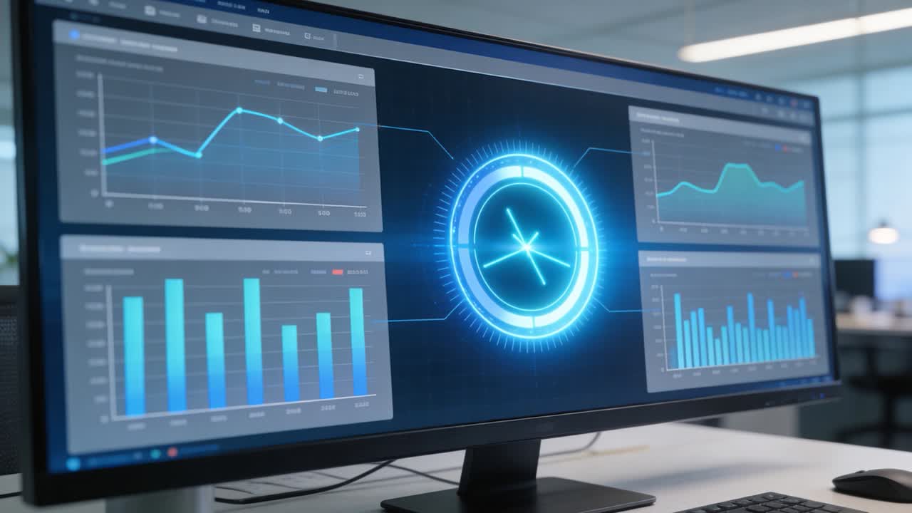 System update initiating wide monitor animating central telemetry ring at office desk with charts