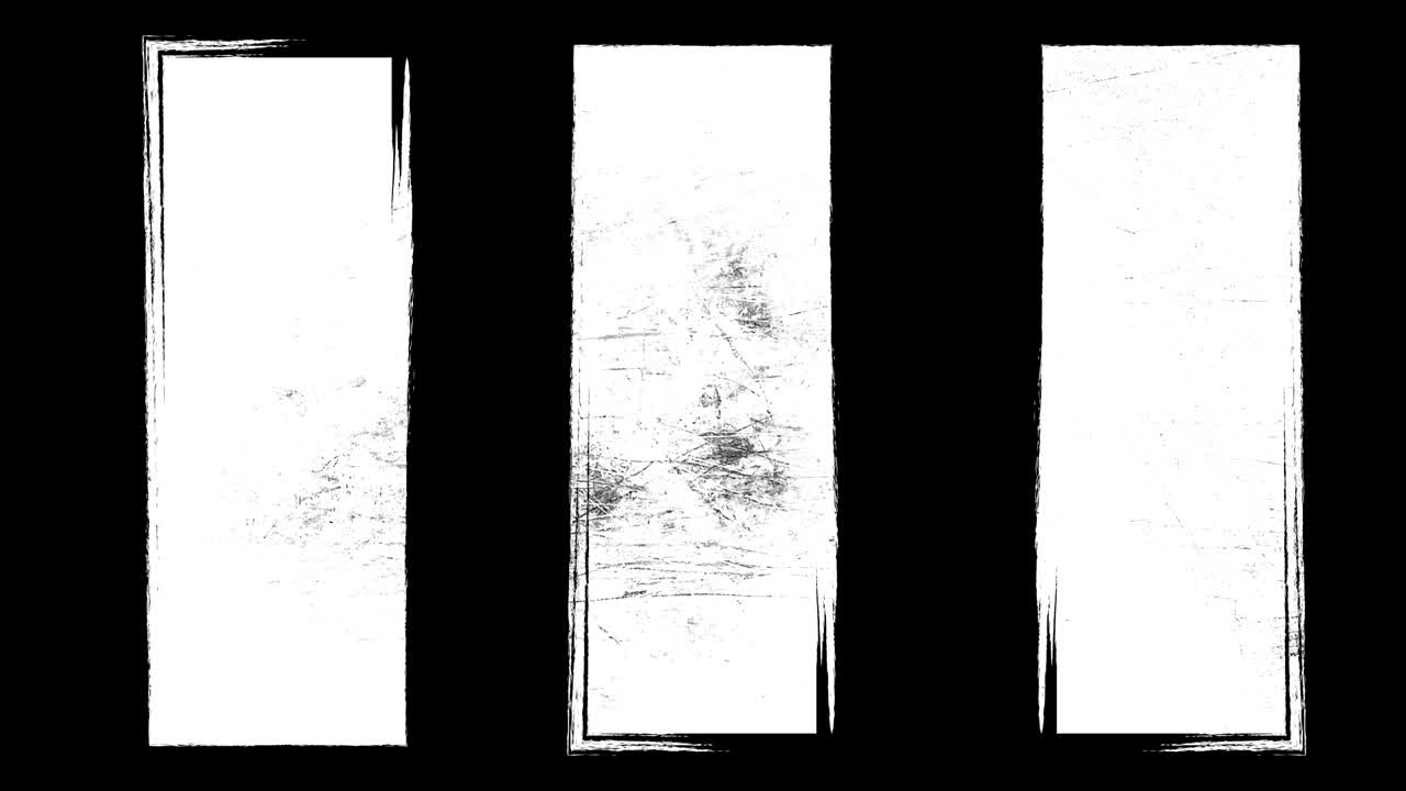 Abstract grunge dirty monochrome three rectangular shapes on black background. Scratched damaged dynamic element in trendy vintage stop motion style. Seamless loop animation for design banner, stamp.