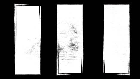 abstract grunge sucio monocromático tres formas rectangulares en fondo negro. rascado elemento dinámico dañado en el estilo de stop motion vintage de moda. animación de bucle sin costuras para diseño de banner, sello.
