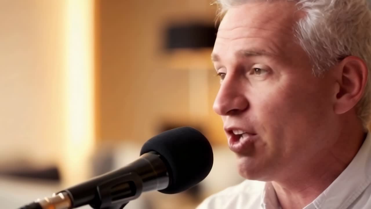 Male content creator recording a video podcast, Talking into professional microphone.