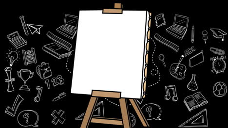 animation of blank easel icon over school concept icons against black background with copy space