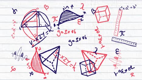 Mathematische-Gleichungen-Und-Geometrische-Formen,-Die-Sich-Auf-Weißem-Liniertem-Papier-Bewegen