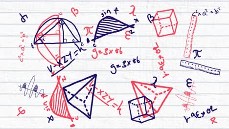 ecuaciones matemáticas y formas geométricas que se mueven contra el papel de línea blanca