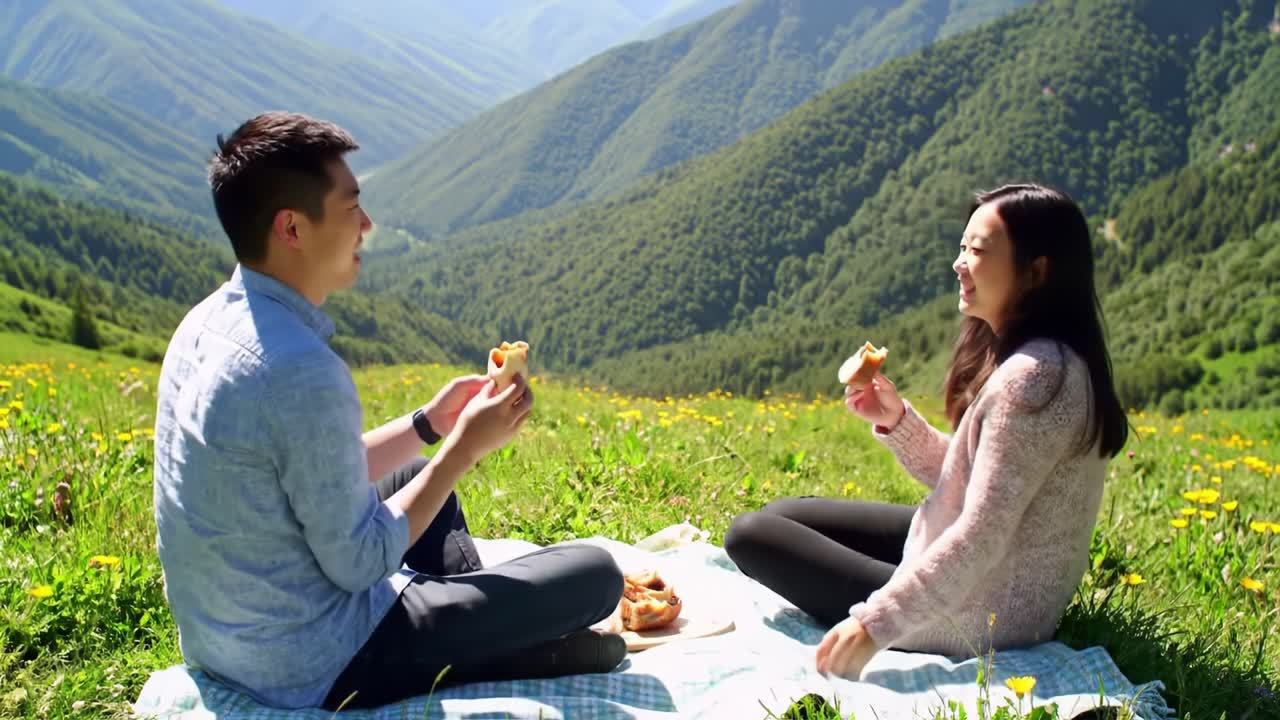 Couple Enjoying a Picnic in a Scenic Mountain Meadow Surrounded by Lush Greenery and Majestic Landscapes