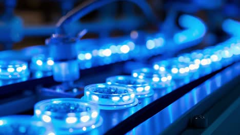 automated assembly line manufacturing led lights, illuminating production process with vibrant blue glow, showcasing modern industrial technology and efficiency