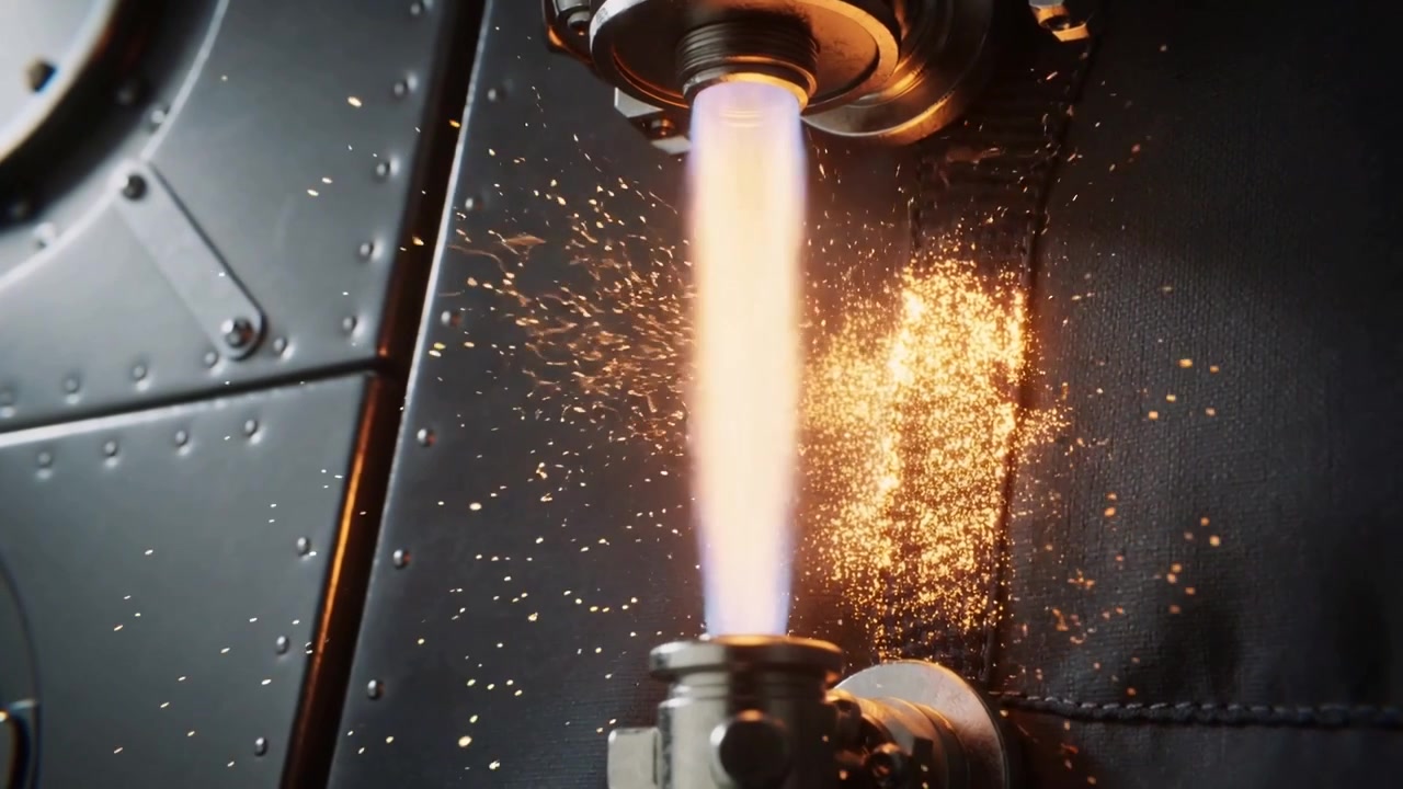 Igniting torch, nozzle directing vertical flame at stitched seam in shop, testing heat with sparks