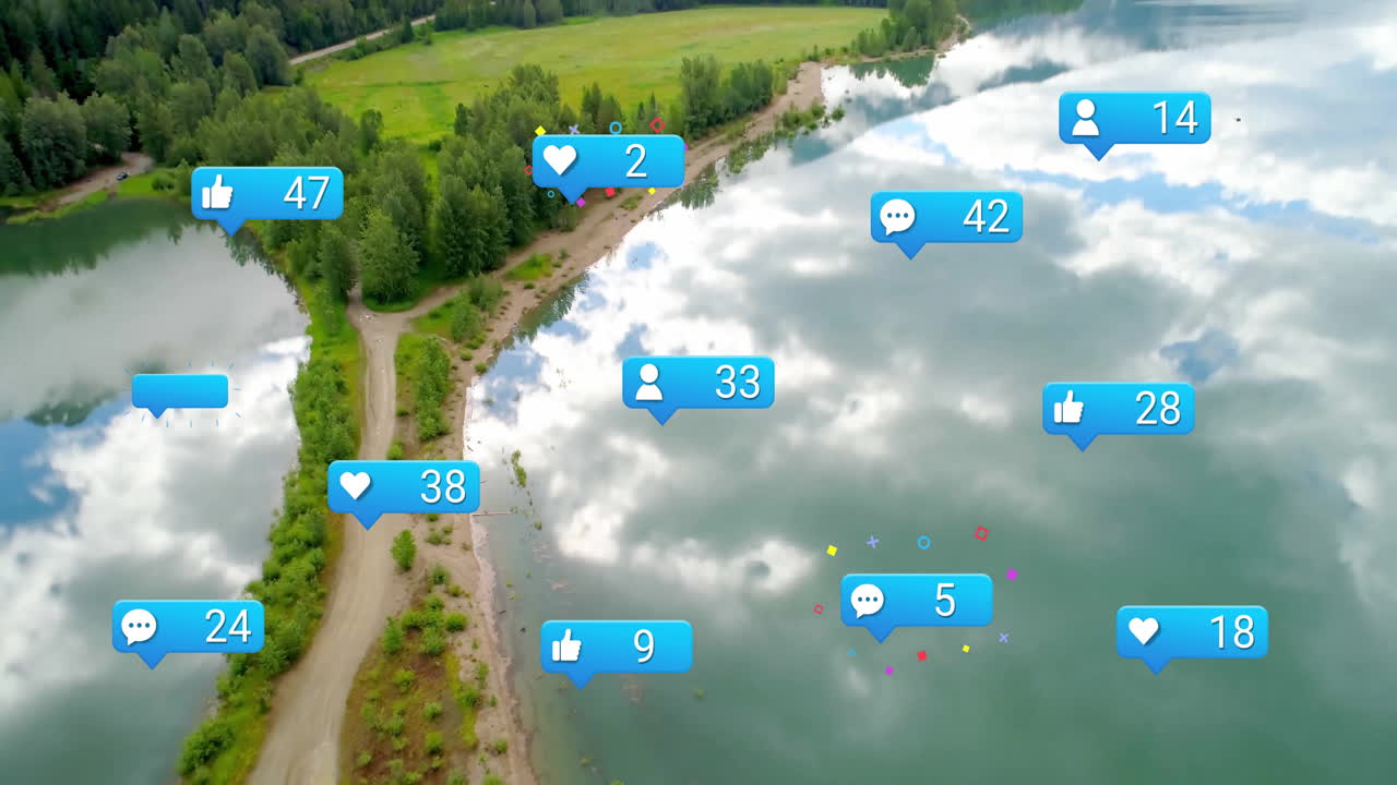 Animation of social media notifications floating over serene lake and forest landscape