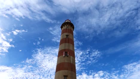 Vista-De-ángulo-Bajo-Del-Faro-De-Praia-Da-Barra-Con-Cielo-Y-Nubes-En-Costa-Nova,-Portugal