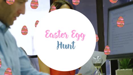 Animation-of-easter-eggs-and-easter-egg-hunt-over-diverse-businesspeople-working-in-office