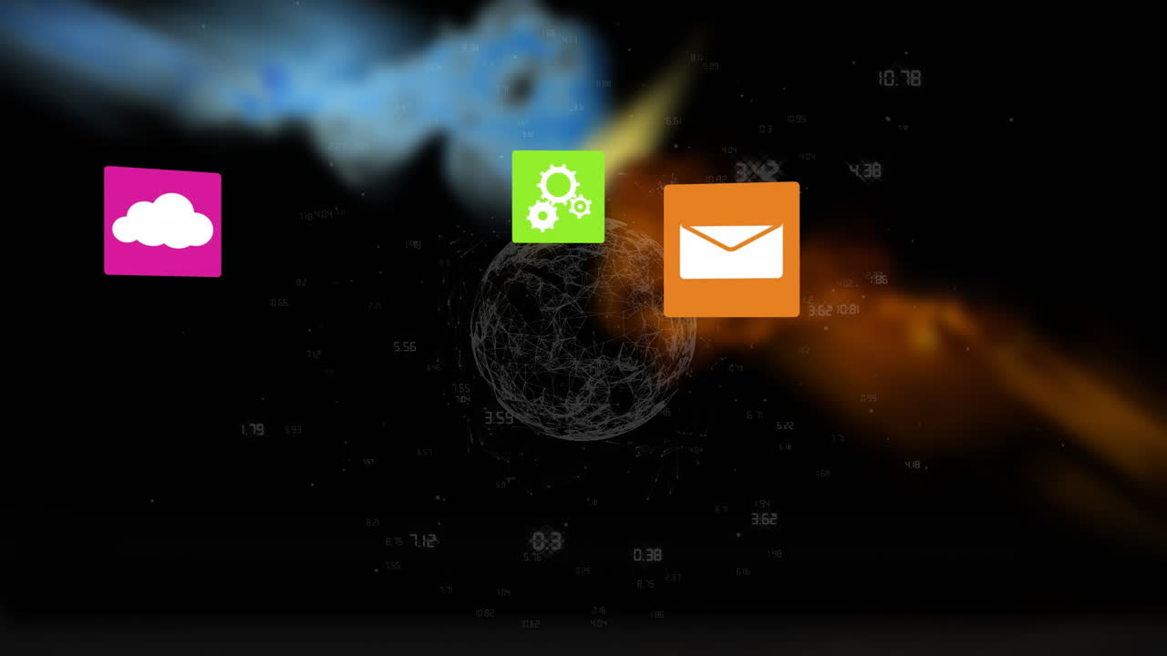 Icone di cloud, impostazioni ed email fluttuanti su animazione di rete digitale e dati