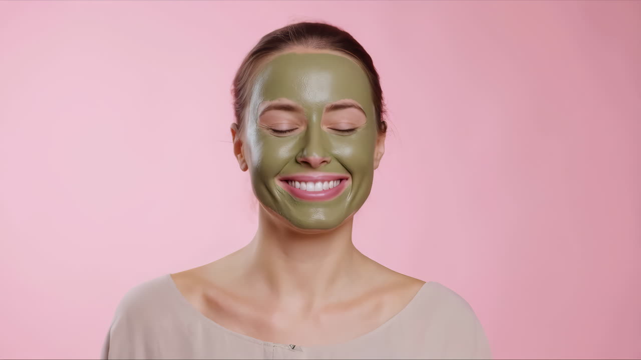 Jovem Mulher com Máscara Facial Verde Sorrindo com os Olhos Fechados