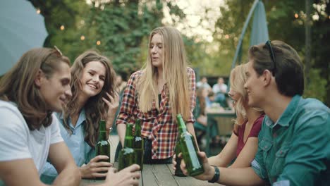 friends drinking beer and toasting at outdoor party