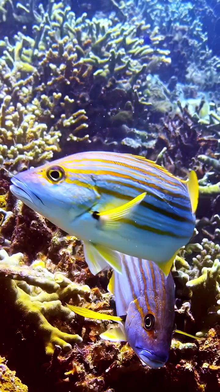 Várias espécies de peixes deslizam por um recife de coral vibrante, exibindo a biodiversidade marinha. Ideal para conteúdo educacional ou documentários de natureza.