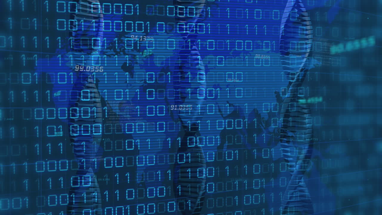 Animation of binary data processing over world map and dna strands on dark background