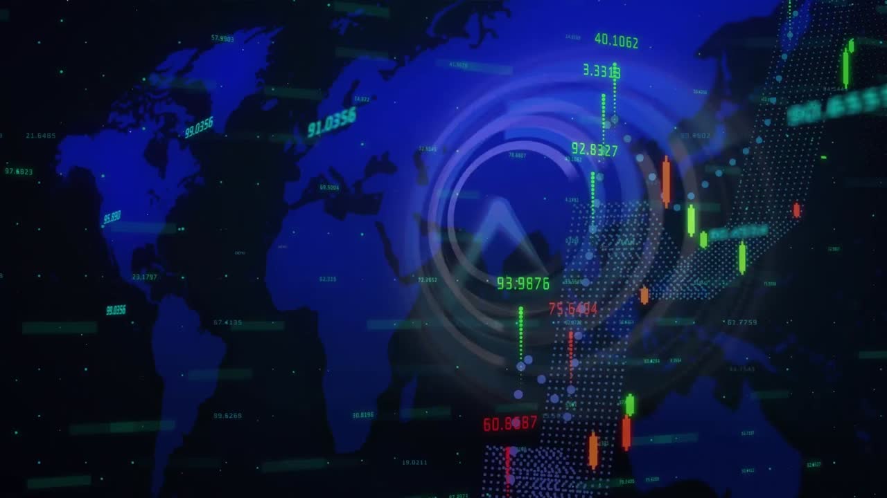 animación de datos del mercado de valores, reloj móvil y mapa del mundo