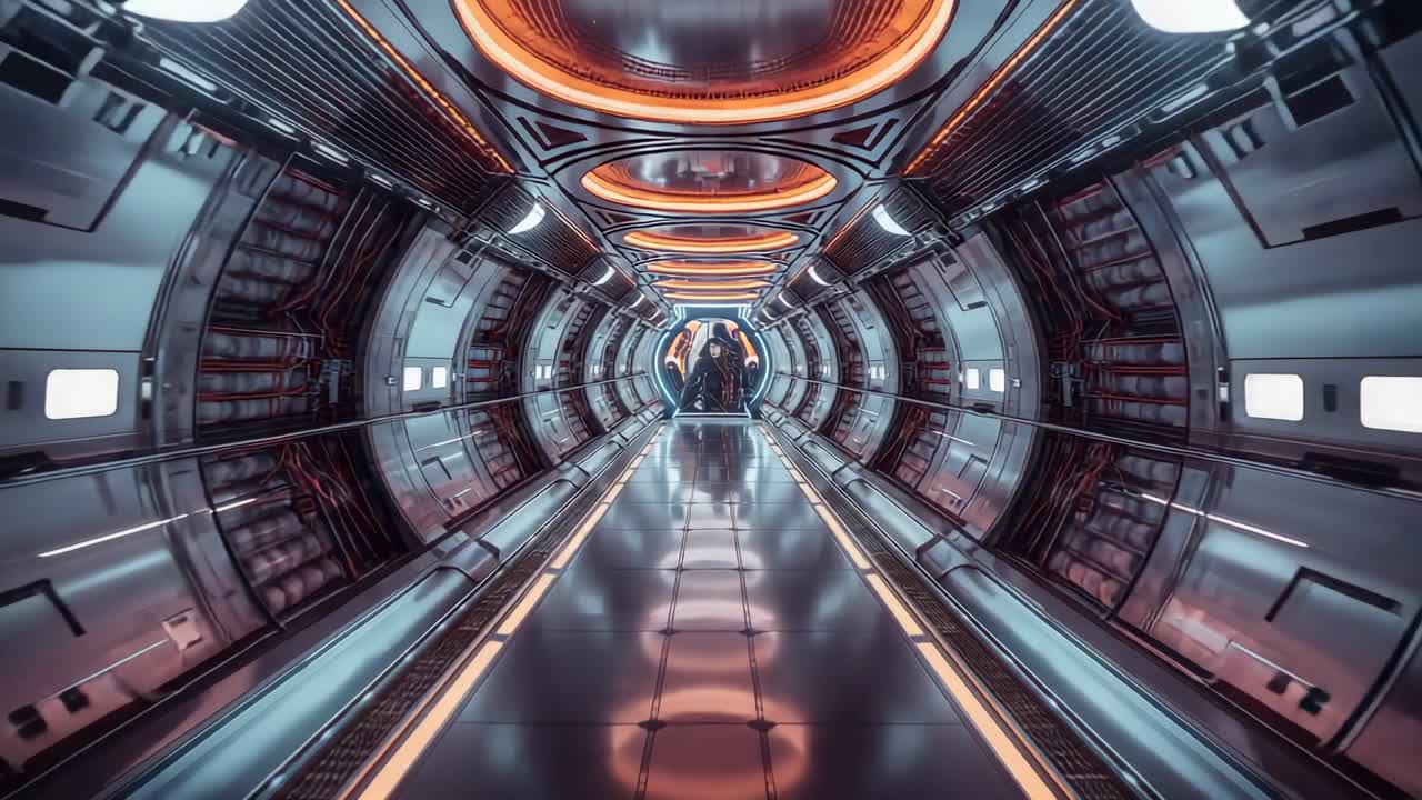 Opening shot showing camera tracking space corridor closing in on distant hatch under orange lights