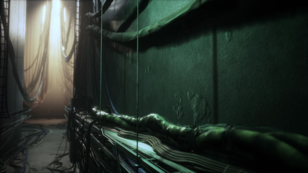 túnel industrial oscuro y sucio con cables y alambres