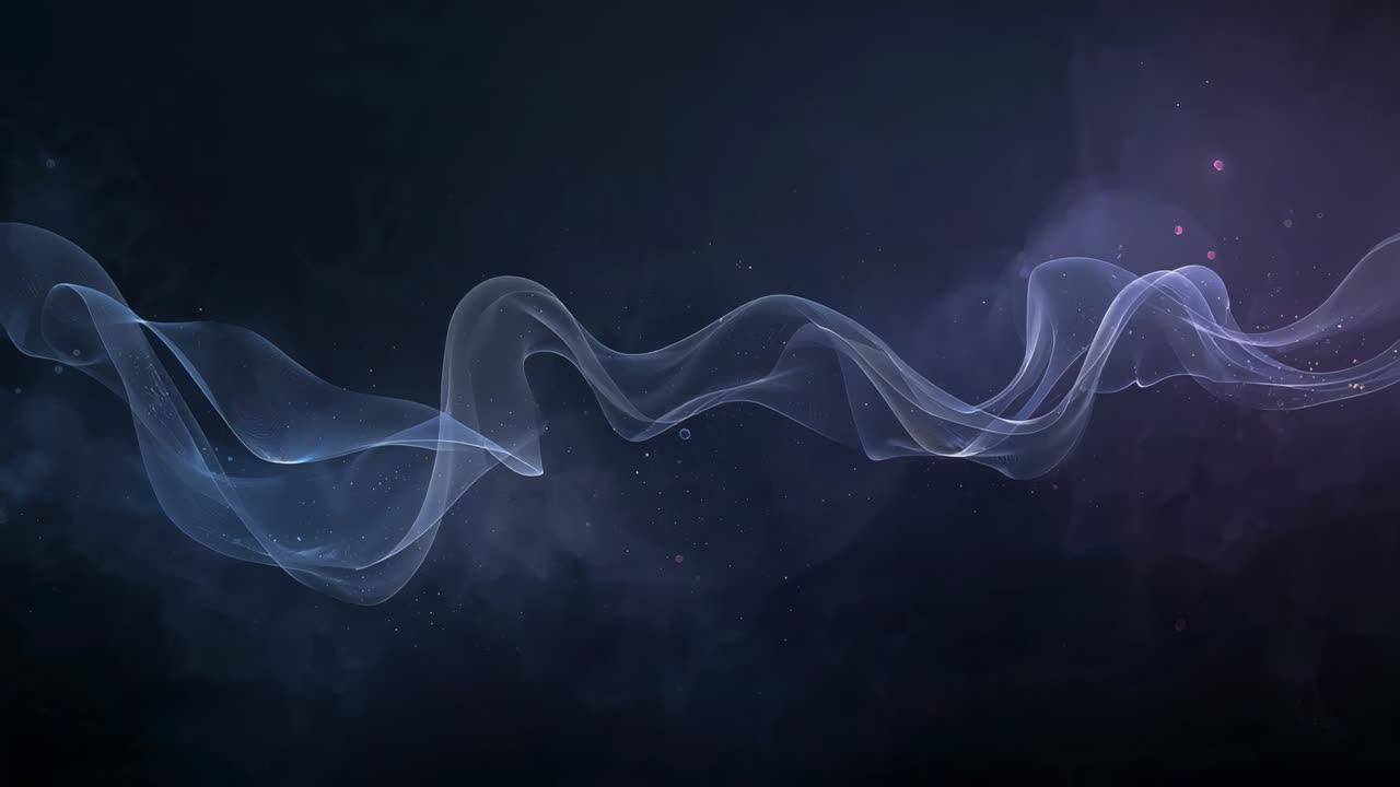Waving translucent ribbon moving right across dark gradient, frame shift showing motes, purple glow