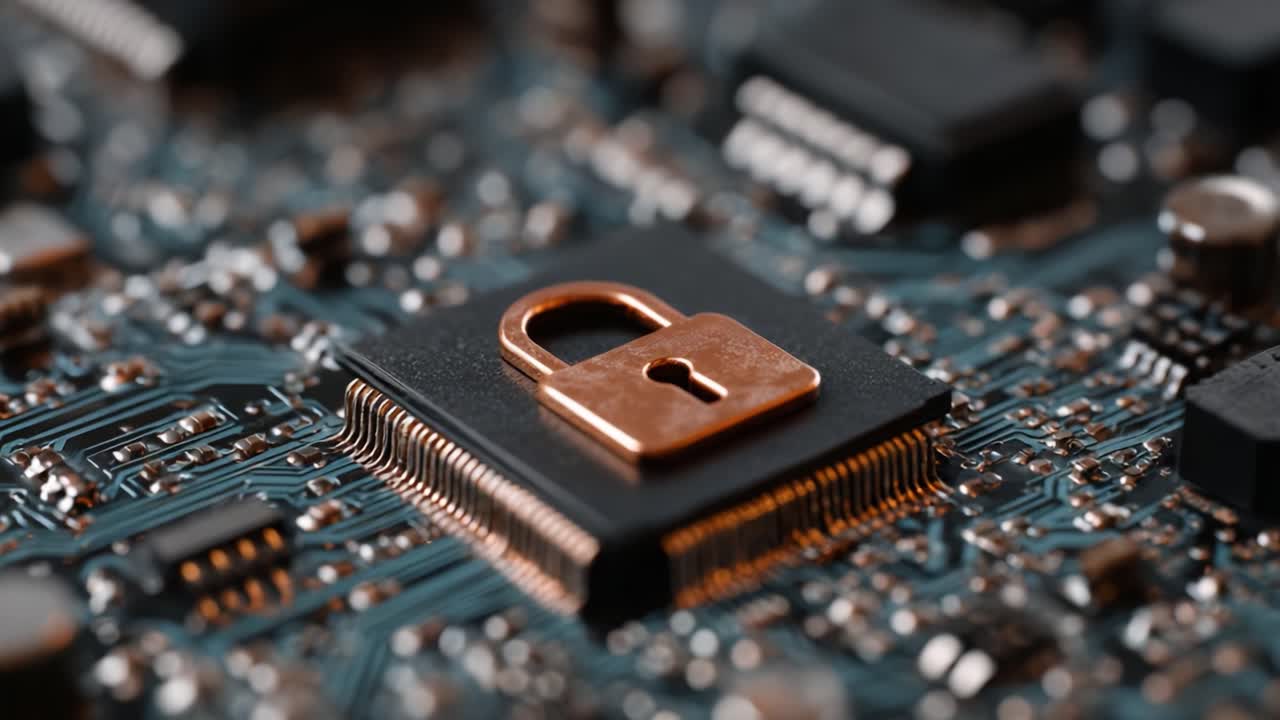 Close-Up of a Secure Microchip Featuring a Metallic Lock Symbolizing Advanced Electronic Security Measures in Modern Technology