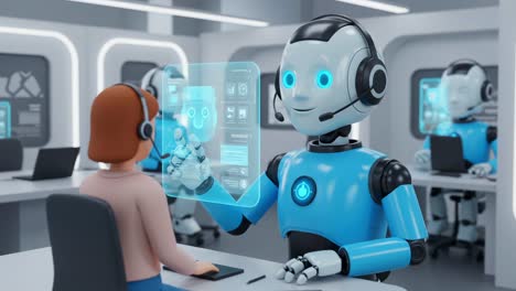 advanced robot assisting human interaction in a futuristic office environment with interactive holographic displays and enhanced communication technology