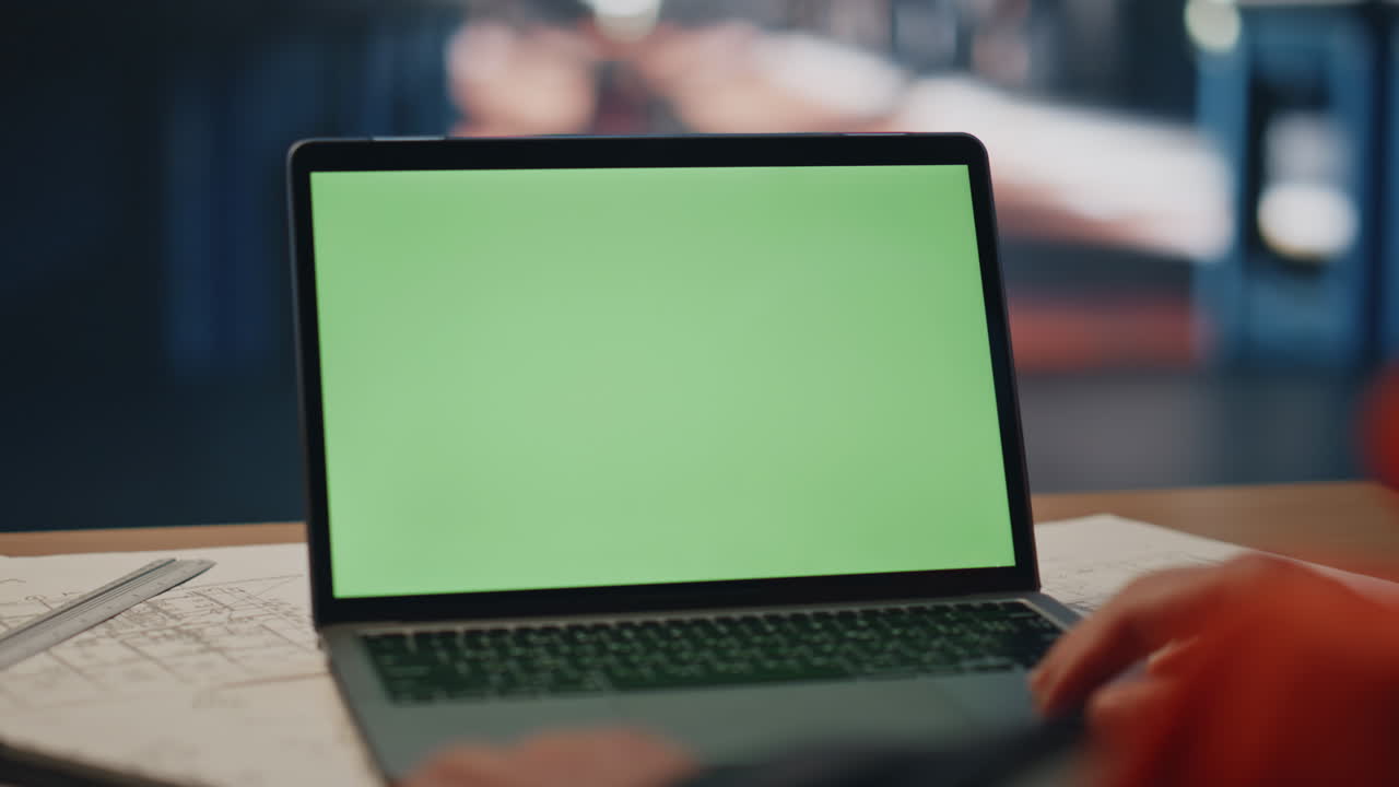 Green screen laptop factory specialist table close up. Unknown engineer looking