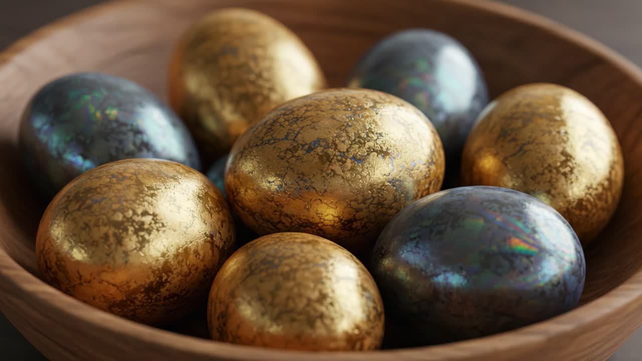 A Beautiful Array of Intricately Designed Gold and Blue Eggs Resting Elegantly in a Wooden Bowl, Perfect for Celebrating Occasions or Artistic Display