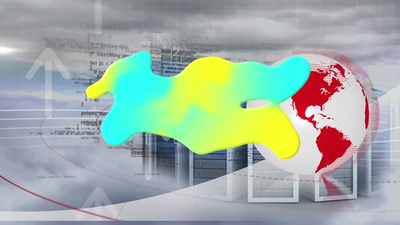 회전하는 지구와 하늘의 구름에 대한 여러 컴퓨터 서버에 대한 그라디엔트 추상적인 모양