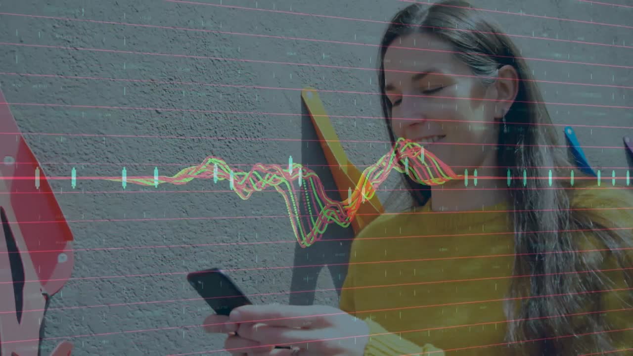 Animation of data processing over woman using smartphone