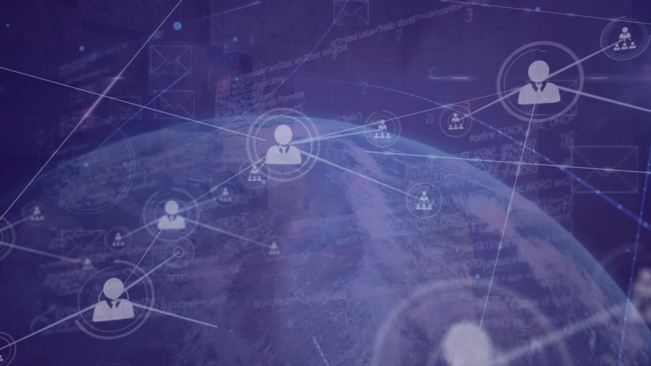 Animation of network of profile and message icons over data processing and spinning globe