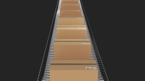 single row of cardboard packing boxes moving on conveyor belt with black background