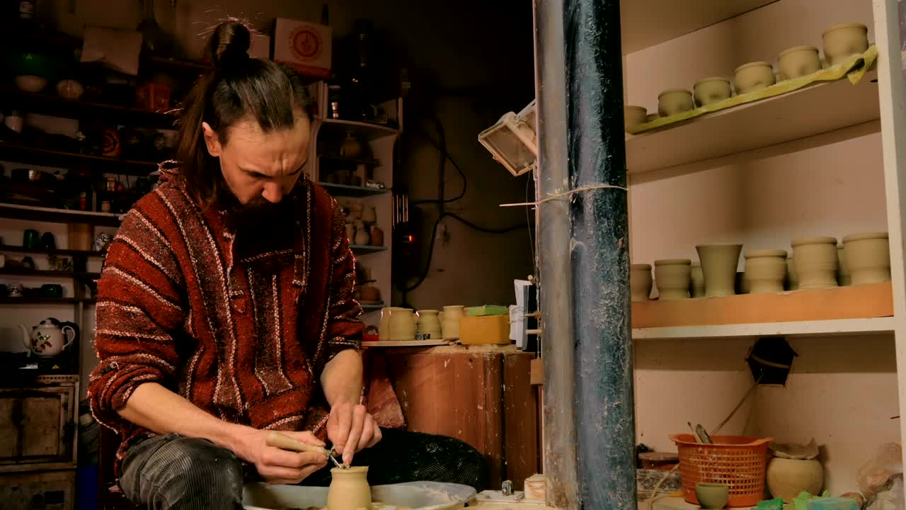 taza de tallado de alfarero profesional con herramienta especial en taller de cerámica