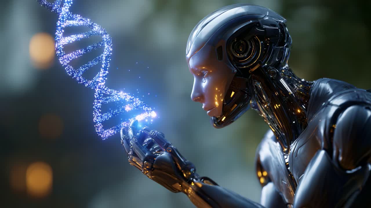 Un robot umanoide futuristico esamina minuziosamente un filamento di DNA luminoso, catturando l'intersezione tra tecnologia e biologia in una straordinaria dimostrazione di innovazione e immaginazione.