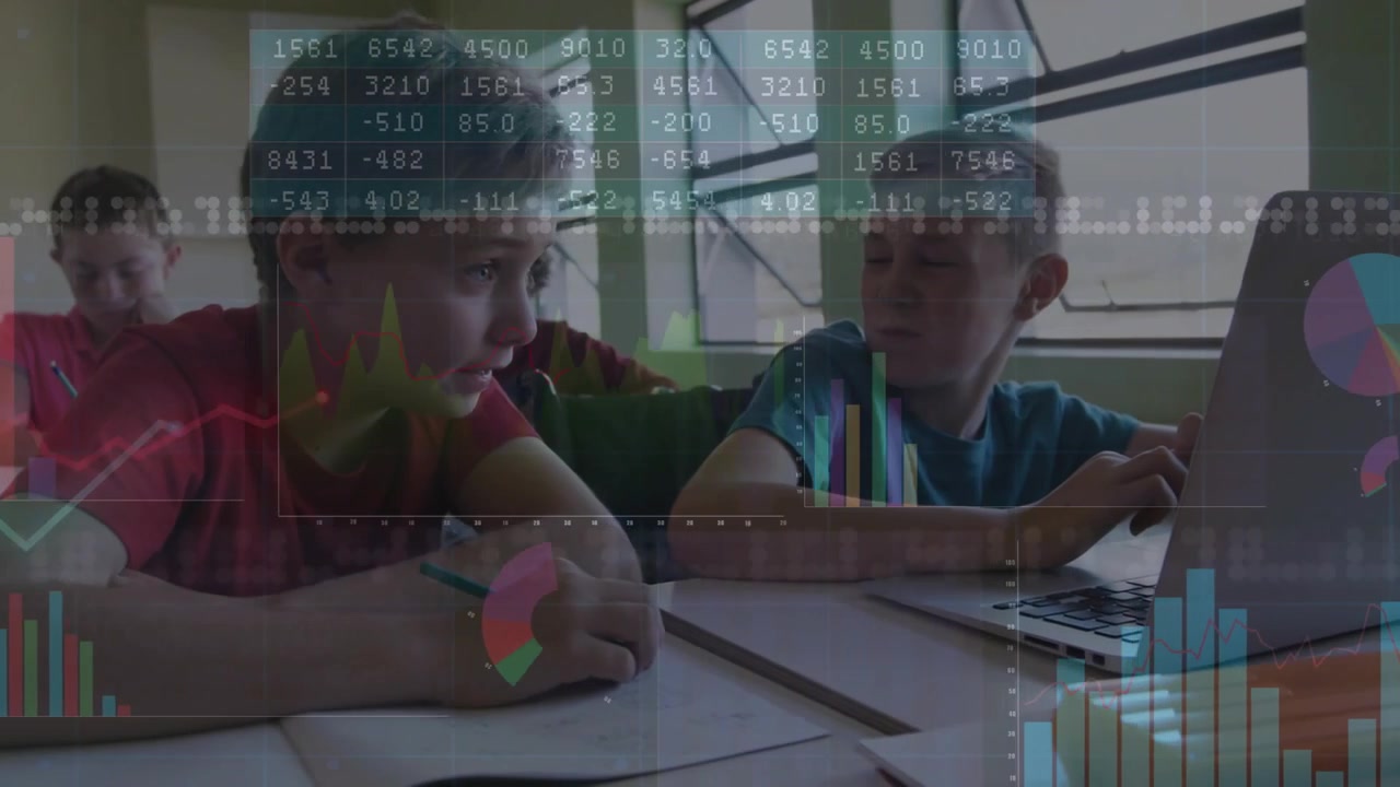 Kids starting homework writing and typing, collaborating, translucent charts and numbers overlaying