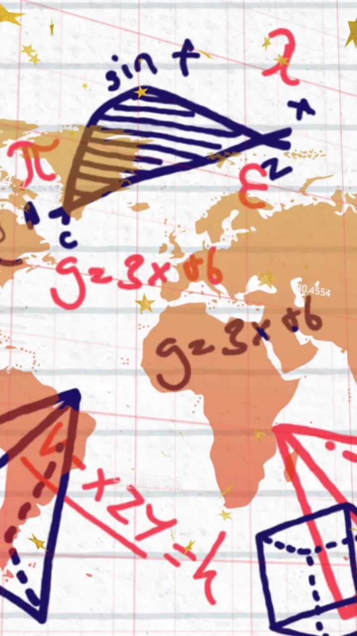 Animation of mathematical equations and diagrams with scales over map against white background