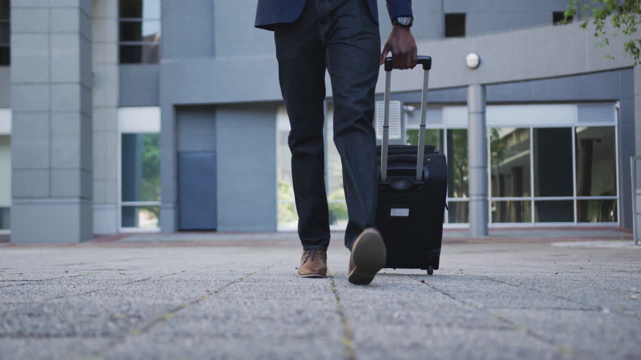 Low section of african american businessman walking with suitcase in street