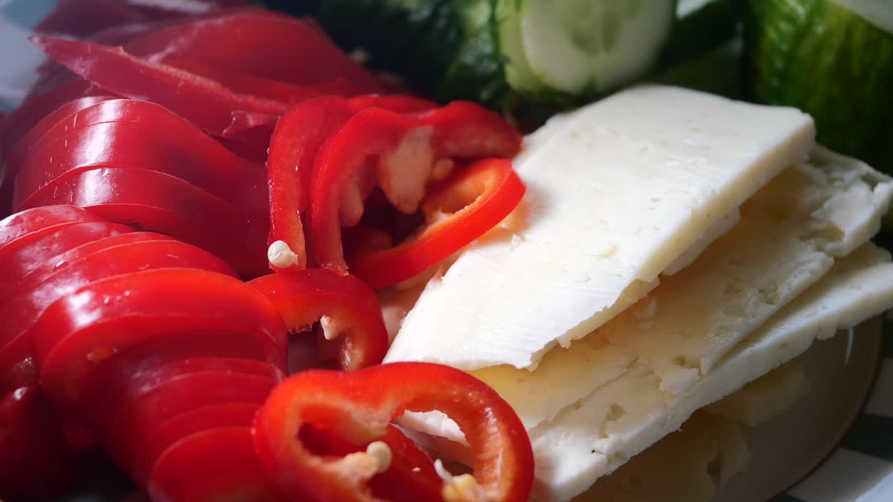 Cheese, red pepper, and cucumber snack