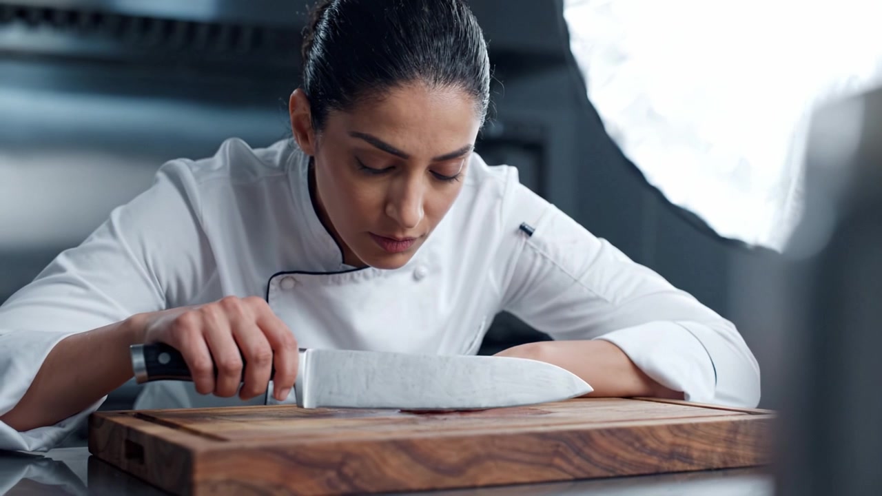 Culinary Precision: A Skilled Chef Concentrates on Slicing Techniques with a Sharp Knife While Preparing Fresh Ingredients on a Wooden Cutting Board