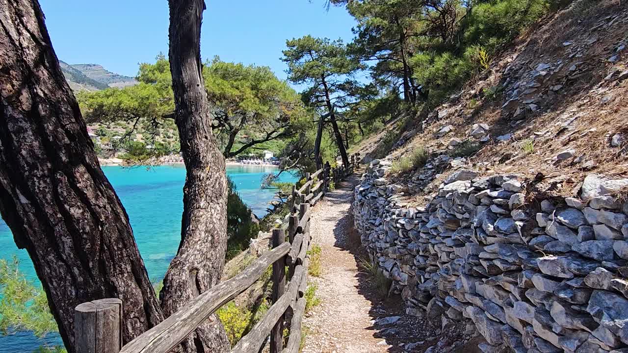 Hiking Near Aliki Beach, With Tall Trees And Lush Vegetation On the right Side And The Mediterranean Sea Shoreline On The left, Thassos, Greece