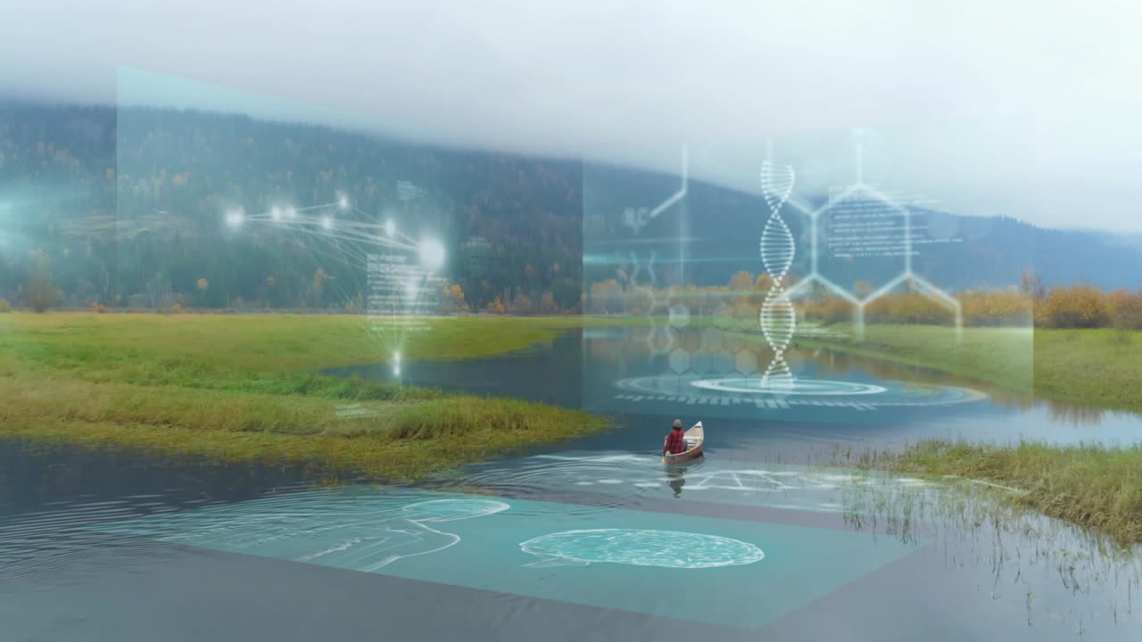 DNA strand and scientific data animation over serene lake landscape