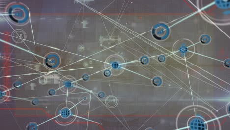 animación de iconos conectados por líneas, ondas de sonido, gráficos contra un fondo abstracto.