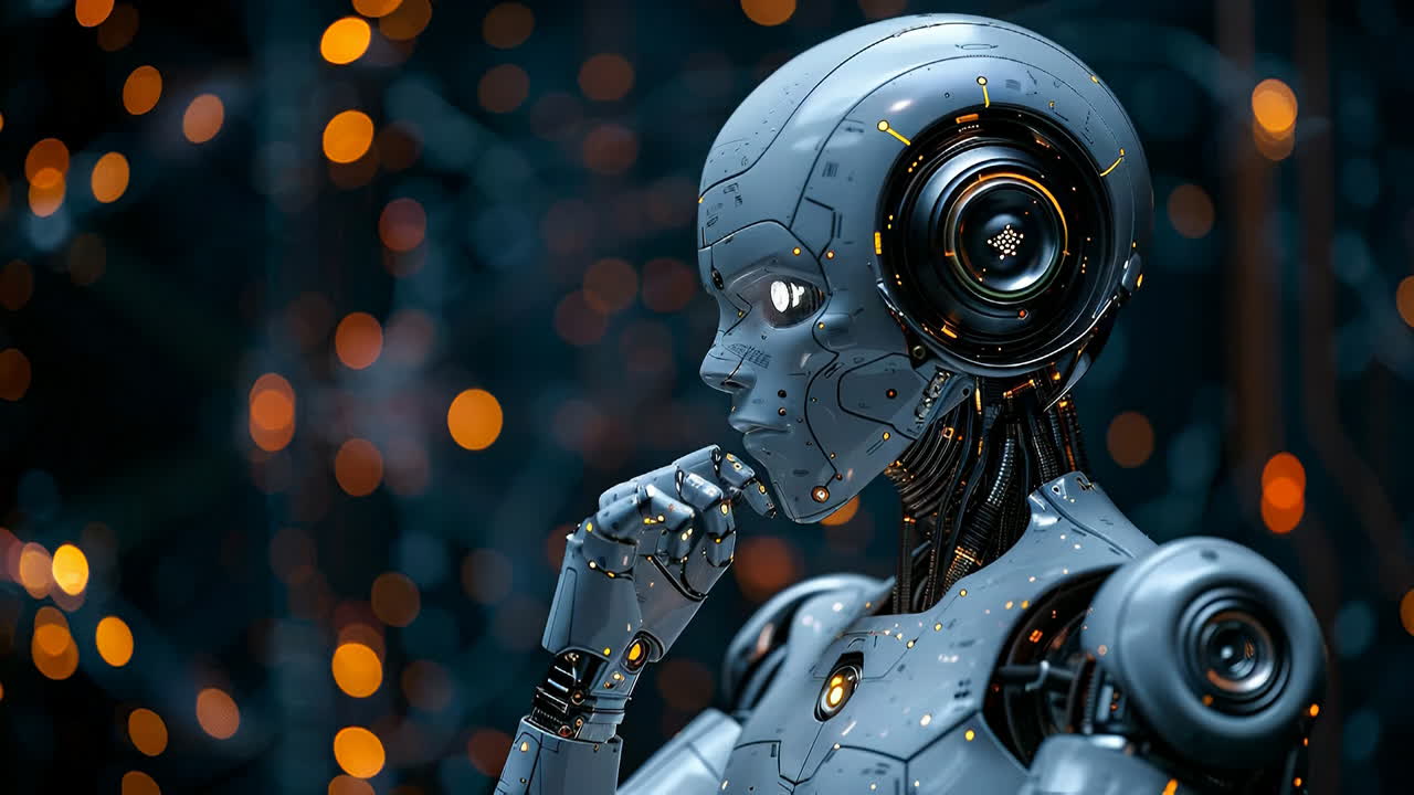 Robot che pensa in un ambiente futuristico. Un robot si trova in uno spazio buio pieno di luci intense. Sembra essere immerso in pensieri profondi riguardo a qualcosa.