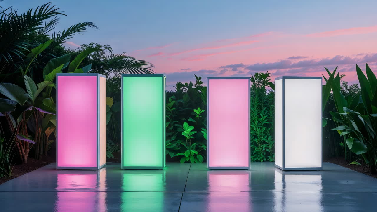 Colorful Illuminated Pillars in a Tropical Garden at Twilight
